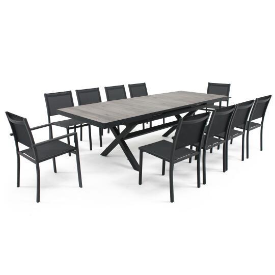 Mesa extensible de aluminio y cerámica con 8 sillas y 2 sillas con reposabrazos