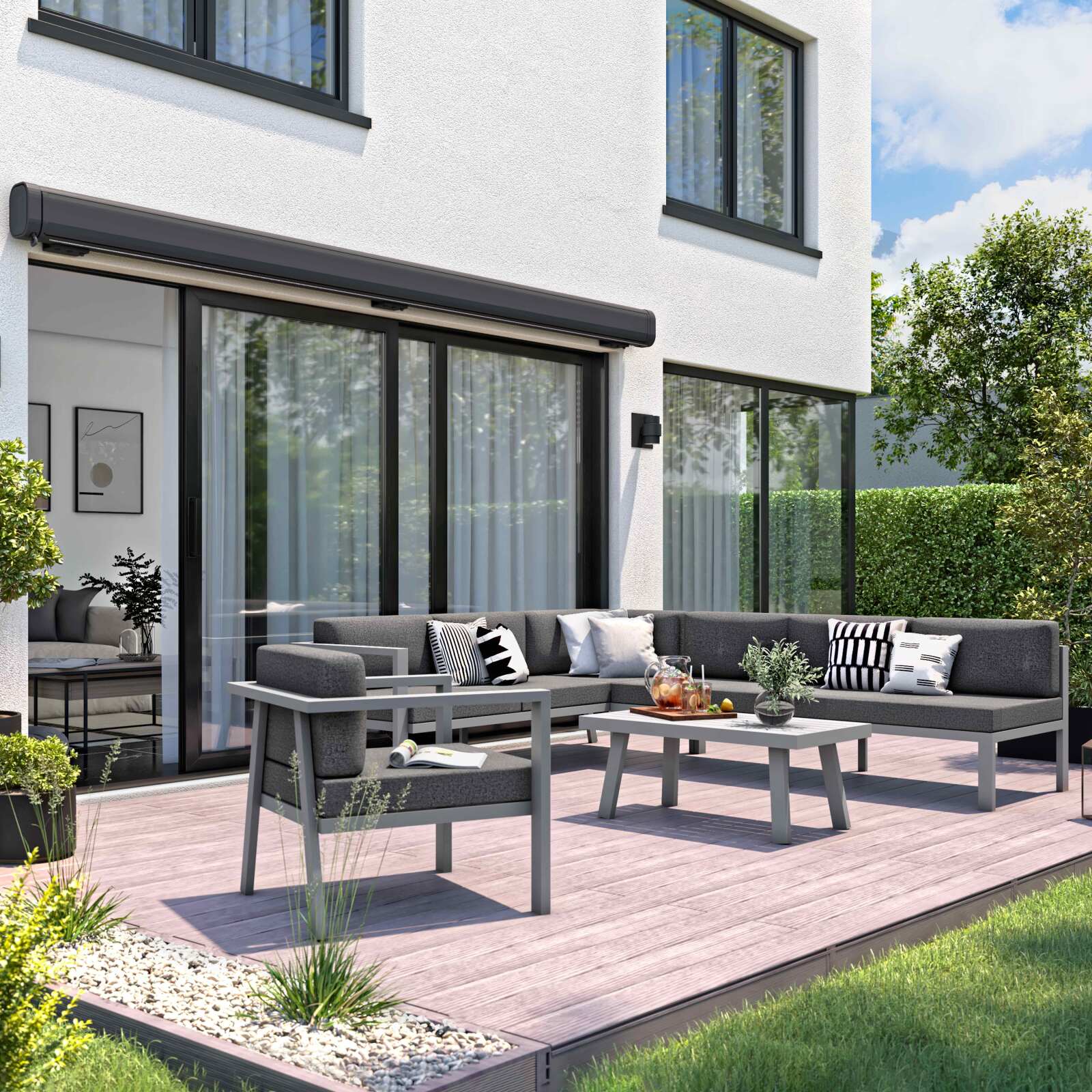 Toldo de campaña eléctrica + LED con caja integrada de 3,95 x 3 m