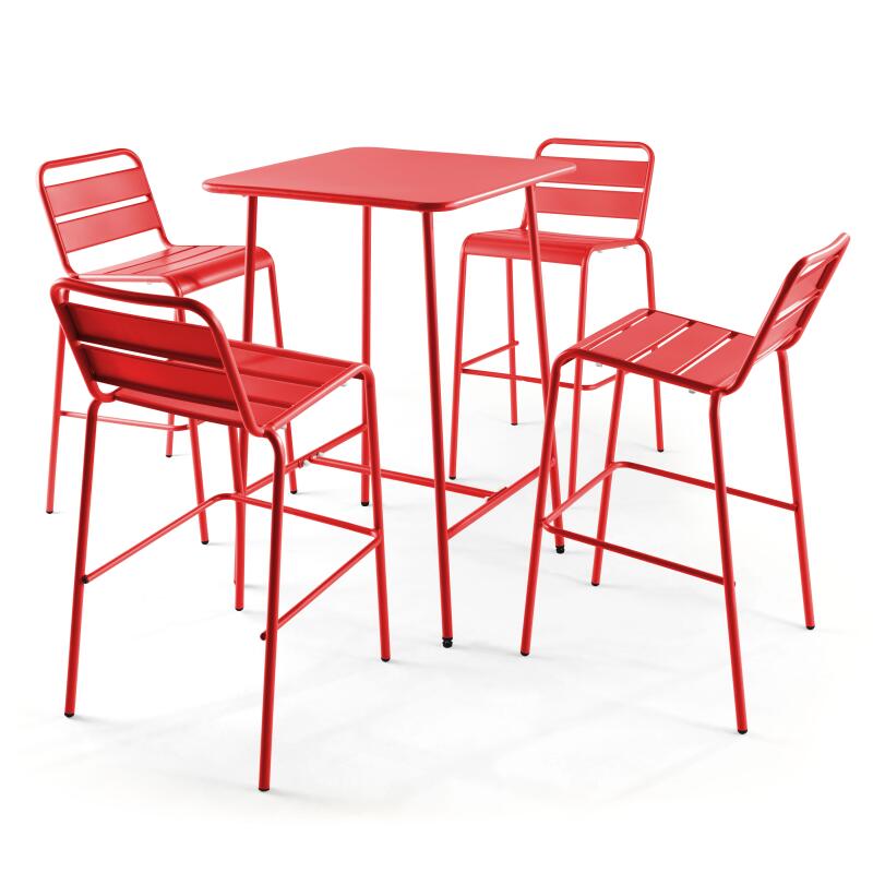 Mesa de bar alta de 70 cm x 70 cm y 4 sillas altas de metal