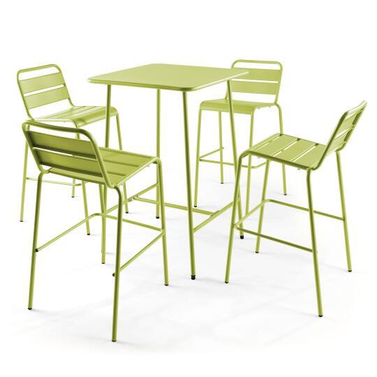Mesa de bar alta de 70 cm x 70 cm y 4 sillas altas de metal