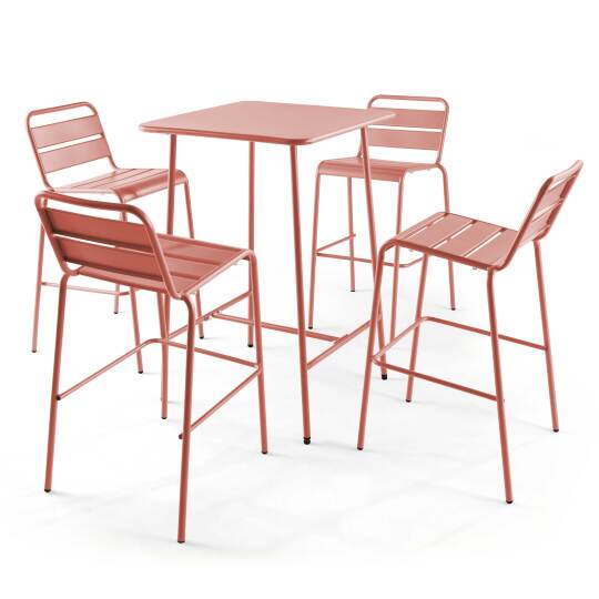 Mesa de bar alta de 70 cm x 70 cm y 4 sillas altas de metal