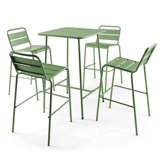 Mesa de bar alta de 70 cm x 70 cm y 4 sillas altas de metal
