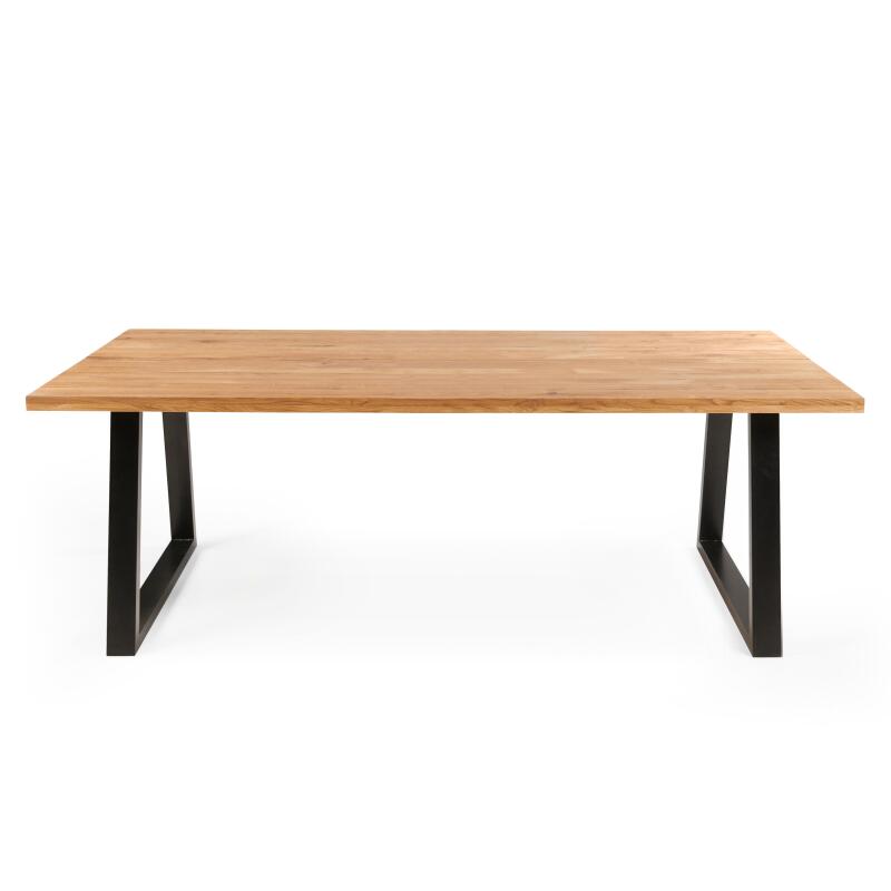 Mesa rectangular de roble FSC® con bordes regulares y patas en forma de trapecio