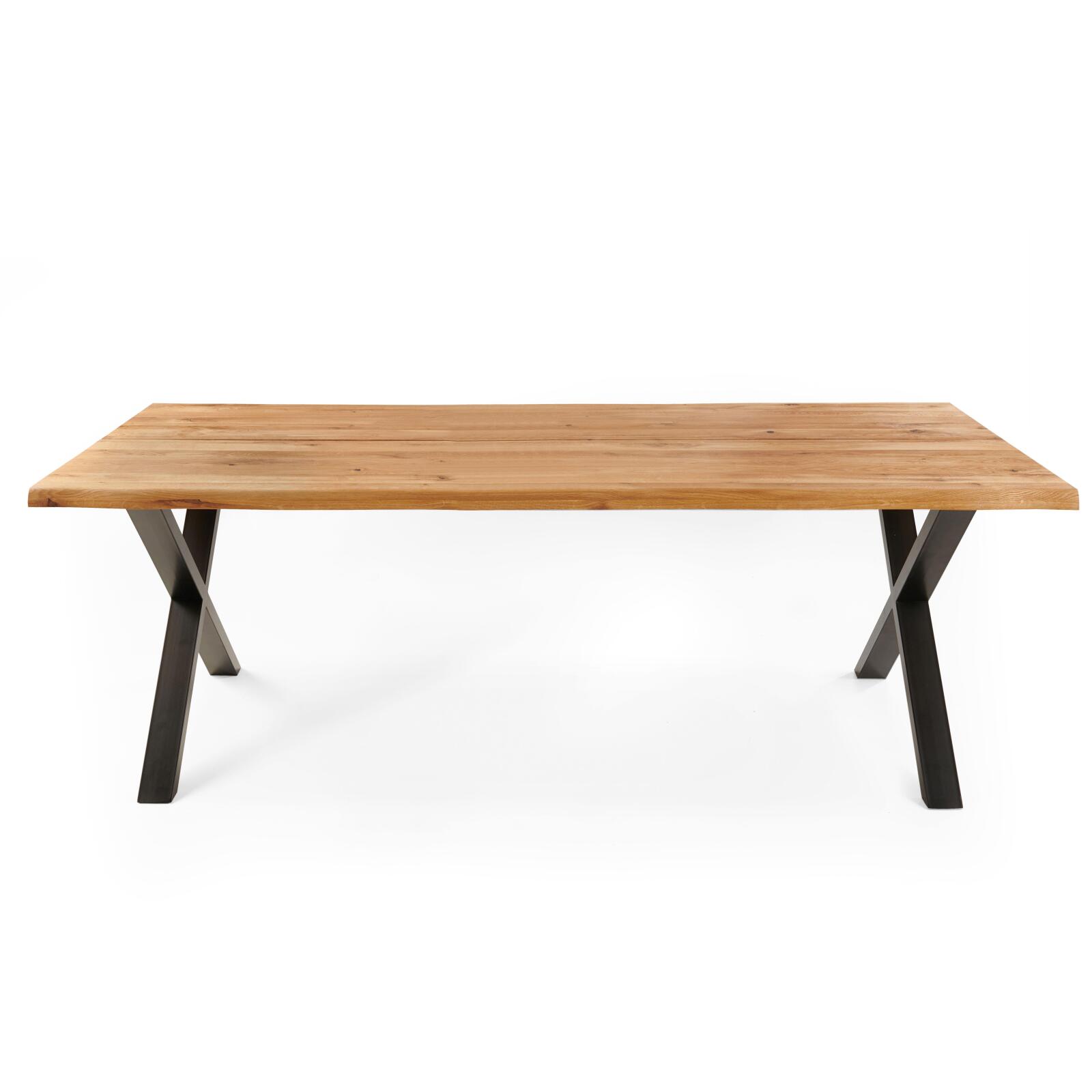 Mesa rectangular de roble FSC® con bordes irregulares y patas en forma de cruz