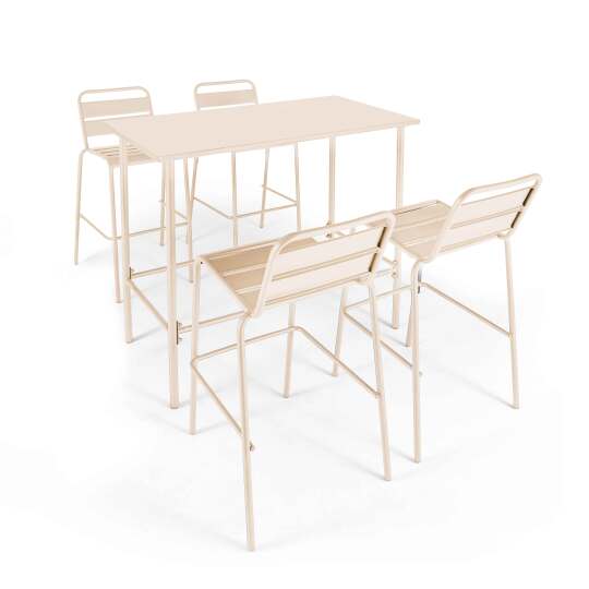 Mesa alta de jardín de metal 120x60 cm y 4 sillas altas | Oviala