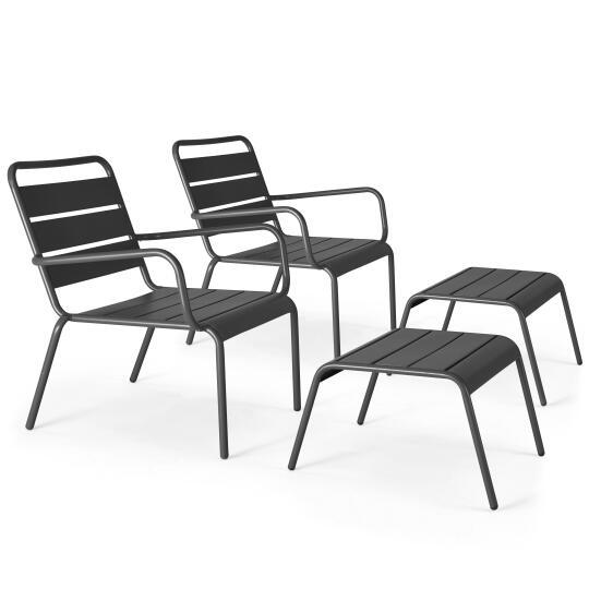 Lote de 2 sillones bajos y reposapiés de metal