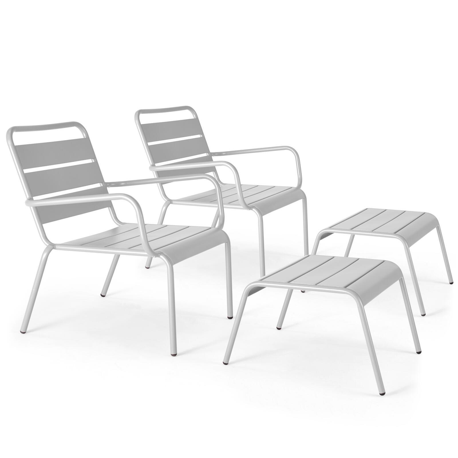 Lote de 2 sillones bajos y reposapiés de metal
