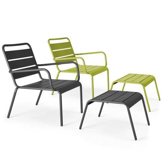Lote de 2 sillones bajos con reposapiés de metal en gris antracita + 1 color