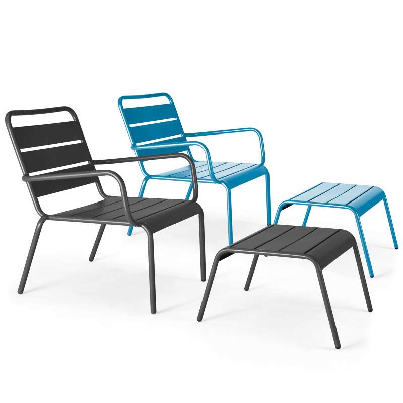 Lote de 2 sillones bajos con reposapiés de metal en gris antracita + 1 color