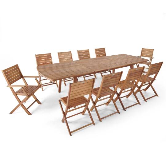 Mesa de jardín rectangular extensible con 8 sillas y 2 sillas con reposabrazos de eucalipto FSC®
