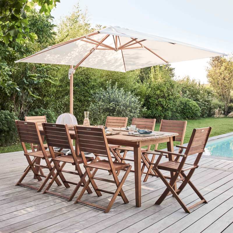Mesa de jardín rectangular extensible con 8 sillas y 2 sillas con reposabrazos de eucalipto FSC®