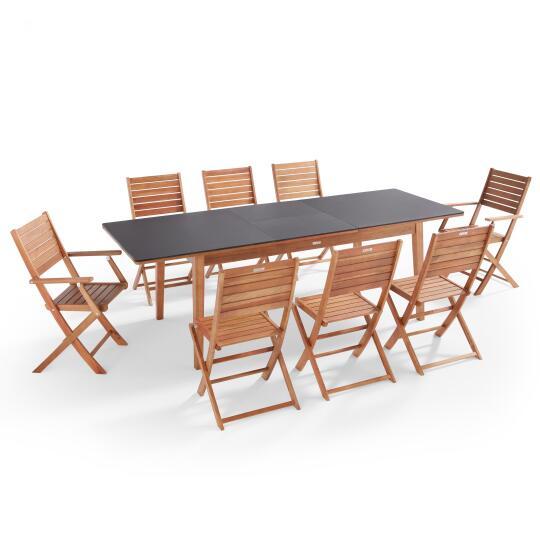 Mesa de jardín rectangular extensible con 6 sillas y 2 sillas plegables con reposabrazos de eucalipto FSC®