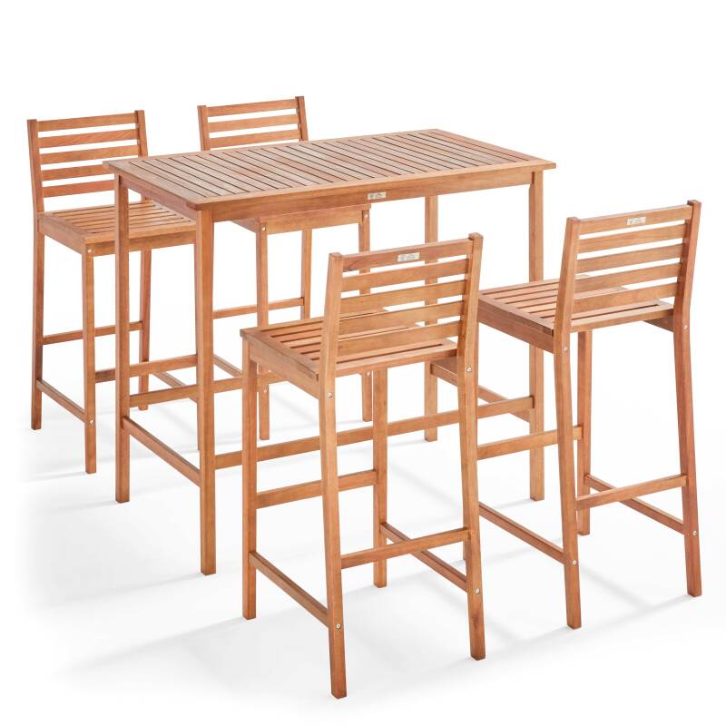 Mesa de bar de 120 x 70 cm + 4 sillas altas de madera de eucalipto FSC®