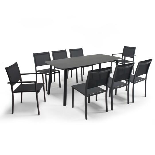 Mesa de jardín de aluminio y piedra 180x90 cm y 8 sillas con reposabrazos de textilene | Oviala