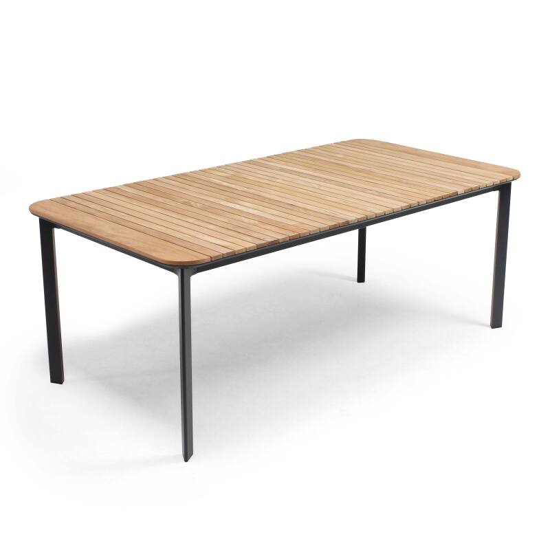 Mesa de jardín rectangular de aluminio/teca de 200 x 100 cm y 8 sillas con reposabrazos