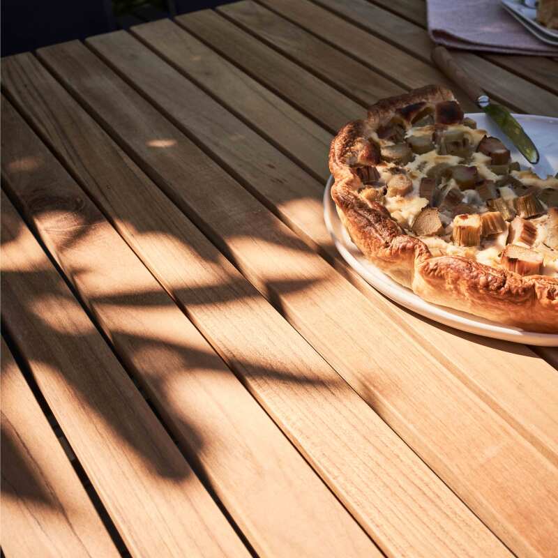 Mesa de jardín rectangular de aluminio/teca de 200 x 100 cm y 8 sillas con reposabrazos