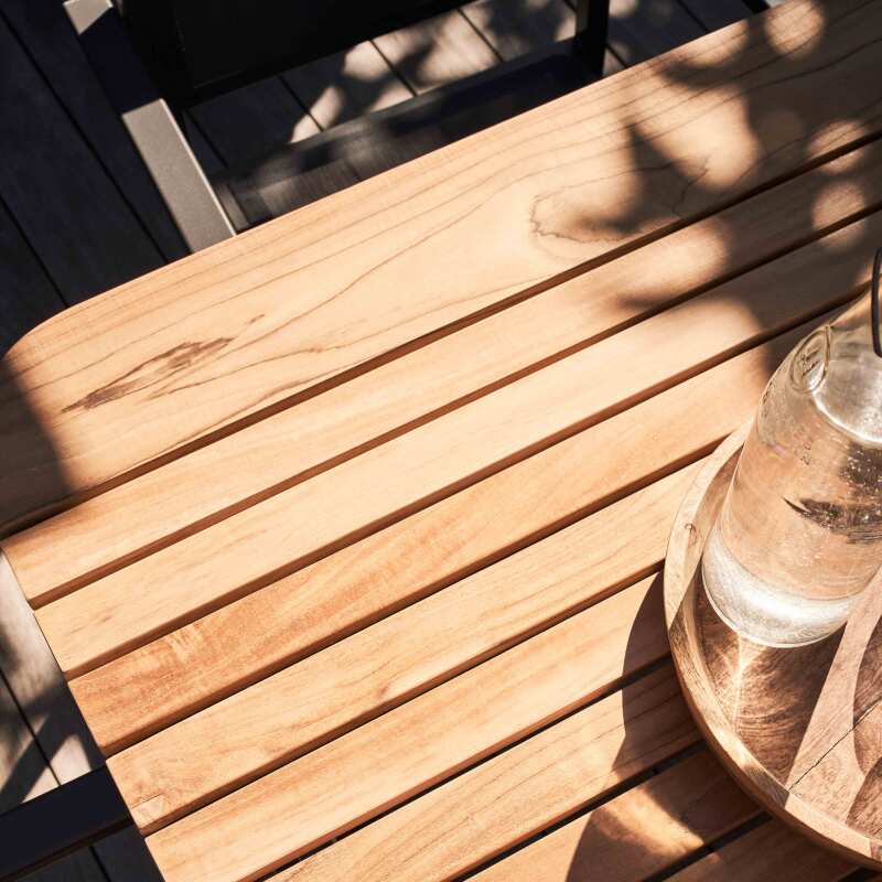 Mesa de jardín rectangular de aluminio/teca de 200 x 100 cm y 8 sillas con reposabrazos