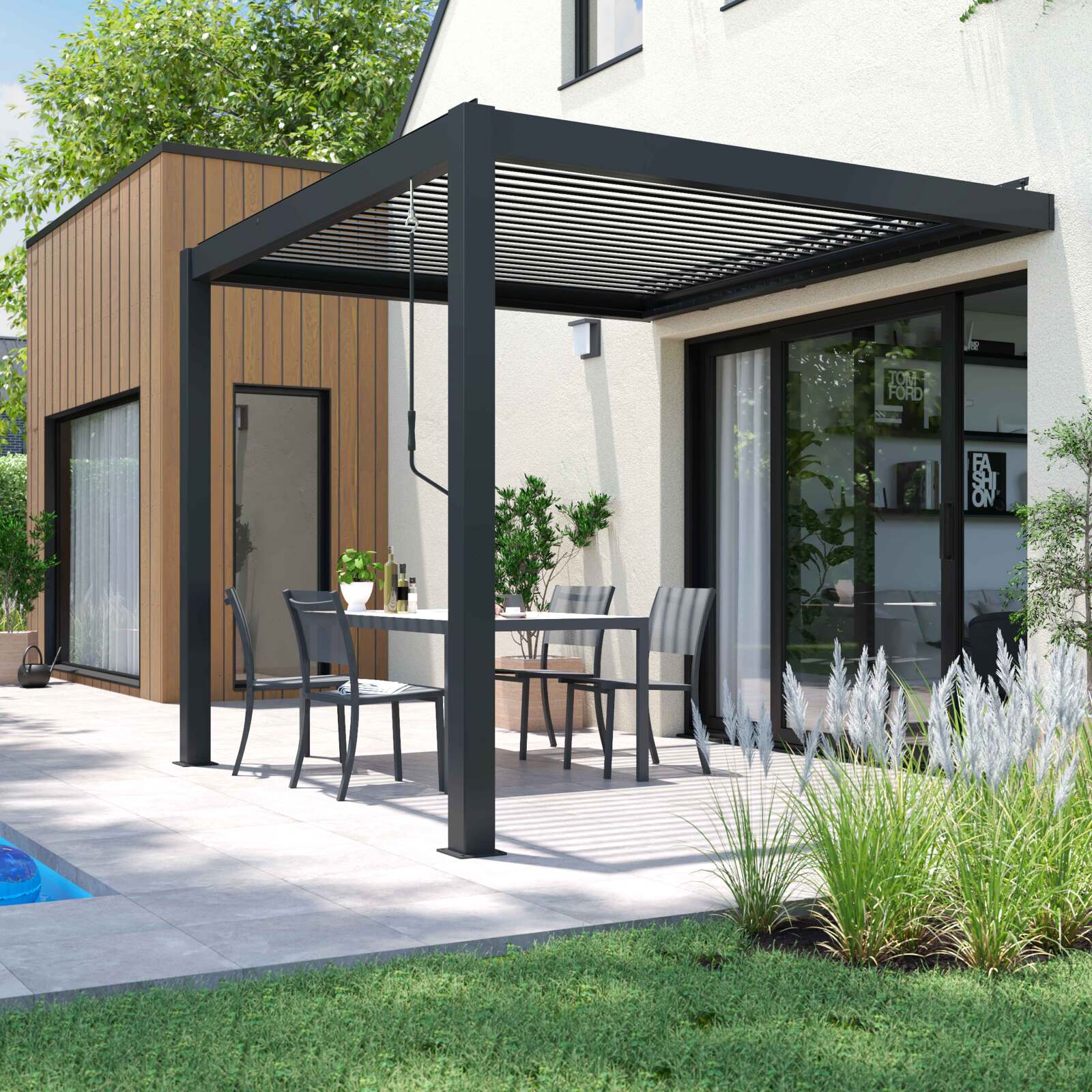 Pérgola bioclimática adosada de aluminio