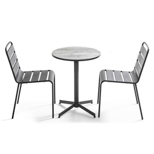Mesa de jardín redonda ⌀60 x 72 cm con tablero de cerámica y 2 sillas de metal