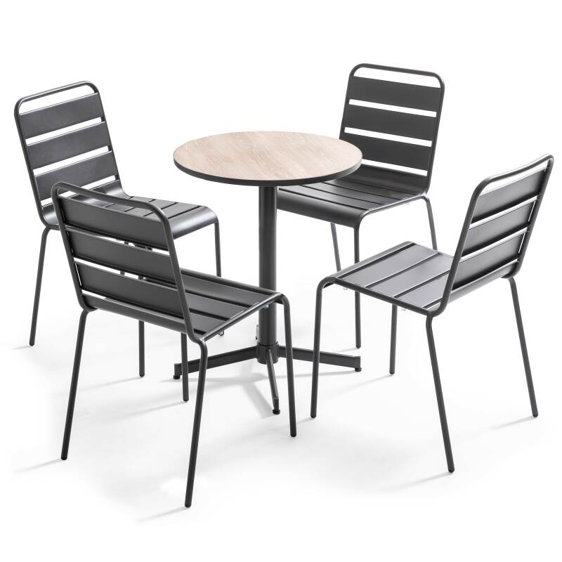 Mesa redonda de jardín de Ø60 cm con tablero de cerámica + 4 sillas de metal