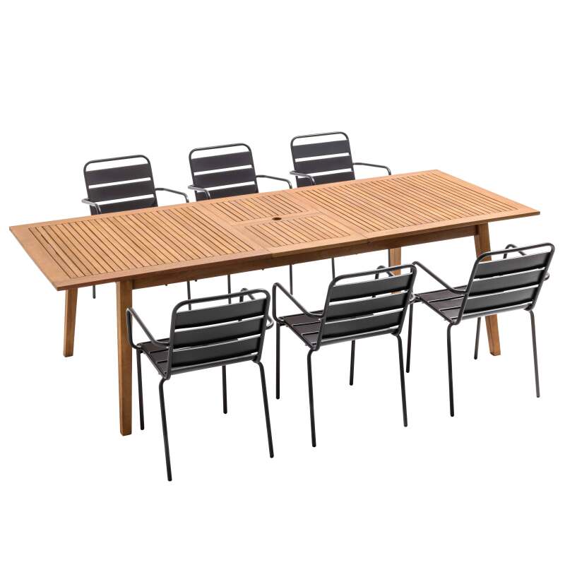 Mesa de jardín de madera exótica FSC® + 6 sillas de acero