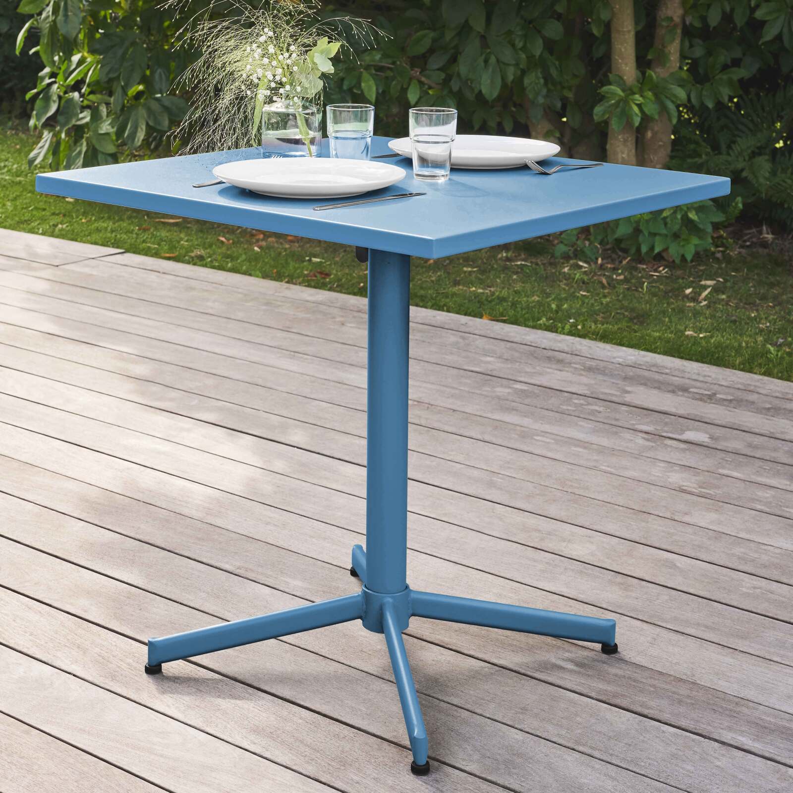 Mesa de jardín cuadrada inclinable de 70 x 70 cm + 4 sillas de metal
