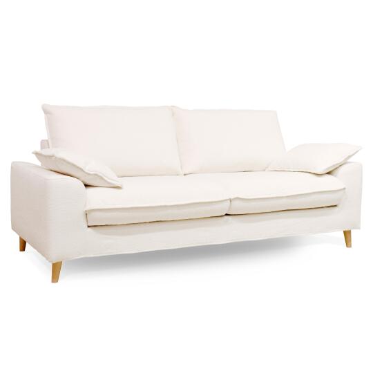 Sofá cama de 3 plazas de tejido bouclette crema desenfundable con cojines | Oviala