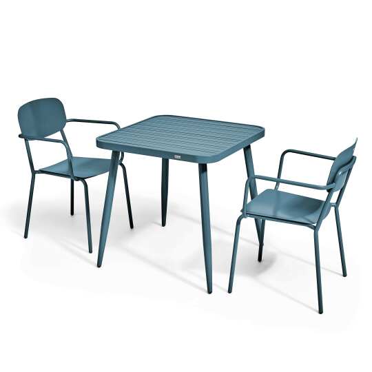 Mesa de jardín cuadrada de aluminio 75x75 cm y 2 sillas con reposabrazos | Oviala