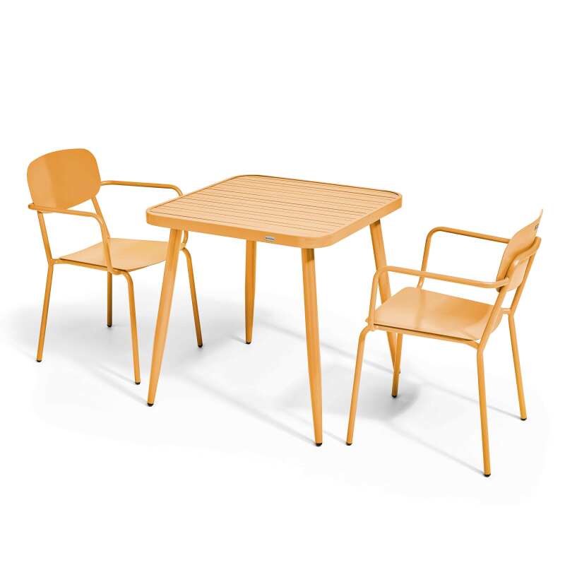Mesa de jardín cuadrada de 75 x 75 cm y 2 sillas con reposabrazos de aluminio