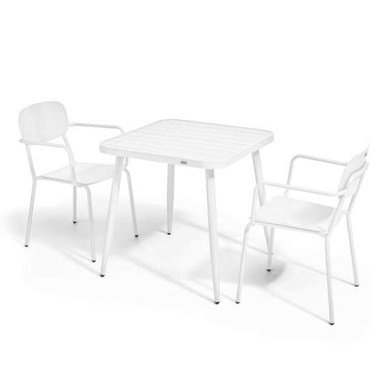 Mesa de jardín cuadrada de 75 x 75 cm y 2 sillas con reposabrazos de aluminio