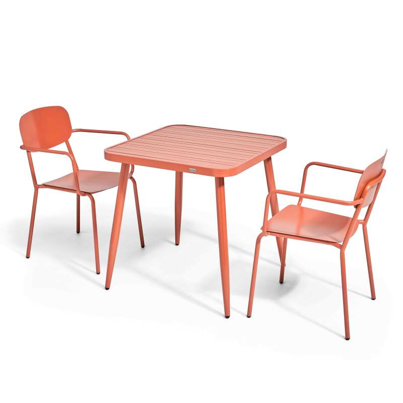Mesa de jardín cuadrada de 75 x 75 cm y 2 sillas con reposabrazos de aluminio