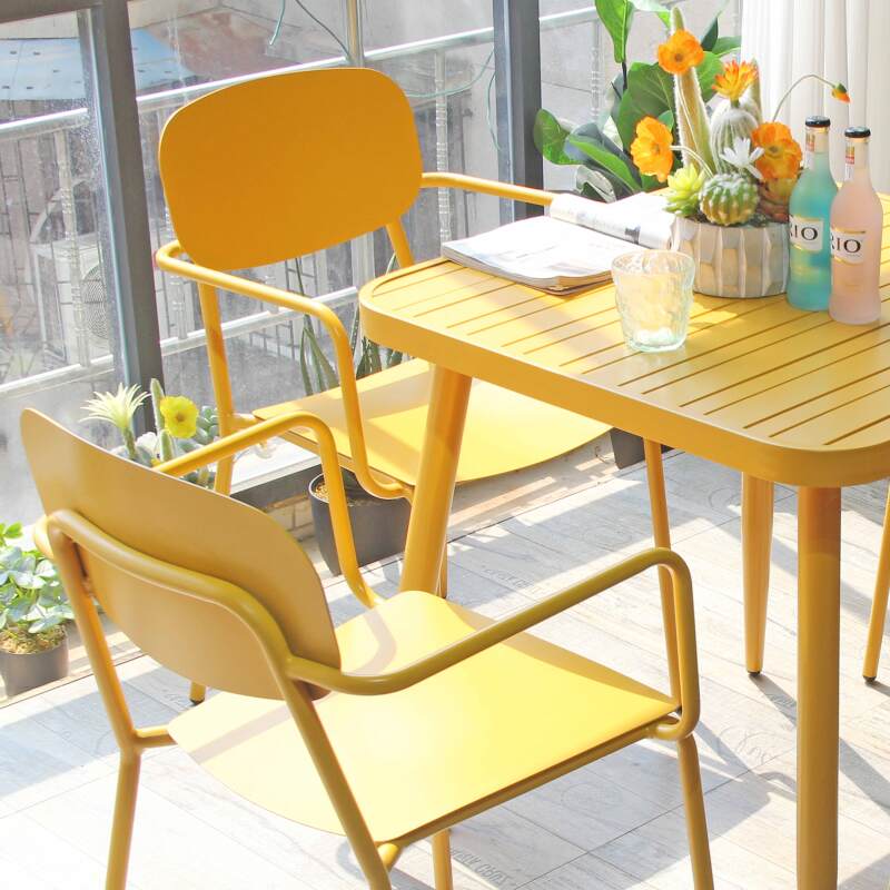 Mesa de jardín cuadrada de 75 x 75 cm y 2 sillas con reposabrazos de aluminio (6/7)