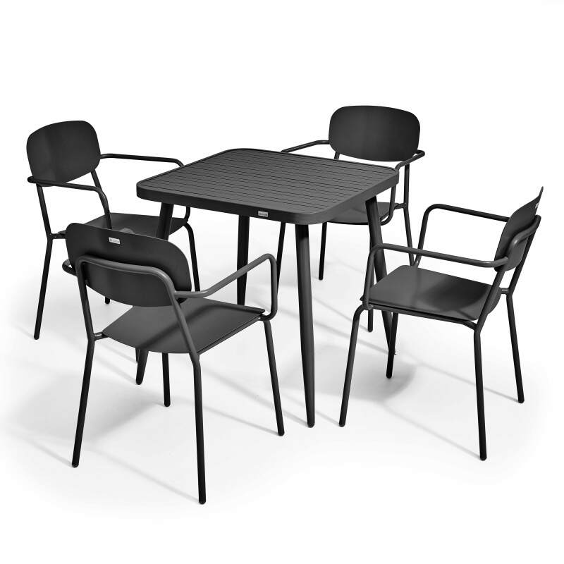 Mesa de jardín cuadrada de 75 x 75 cm y 4 sillas con reposabrazos de aluminio