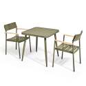 Mesa de jardín cuadrada de 75 x 75 cm y 2 sillas con reposabrazos de aluminio y madera