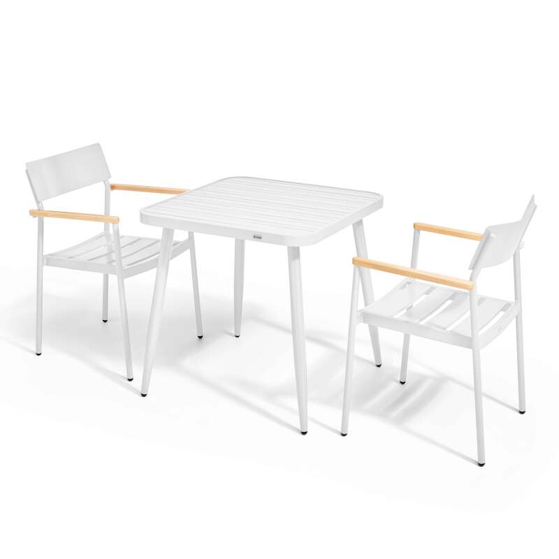 Mesa de jardín cuadrada de 75 x 75 cm y 2 sillas con reposabrazos de aluminio y madera