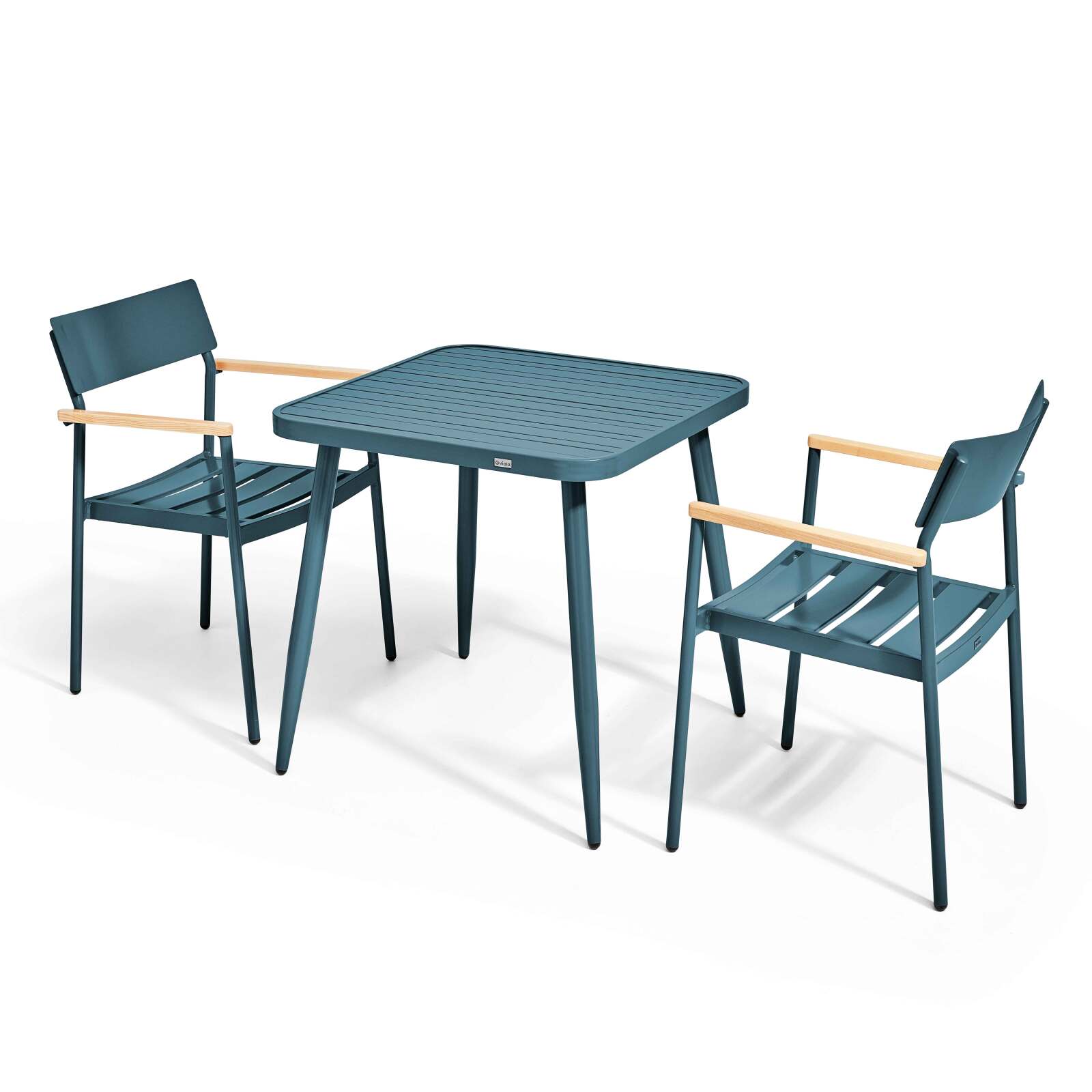 Mesa de jardín cuadrada de 75 x 75 cm y 2 sillas con reposabrazos de aluminio y madera