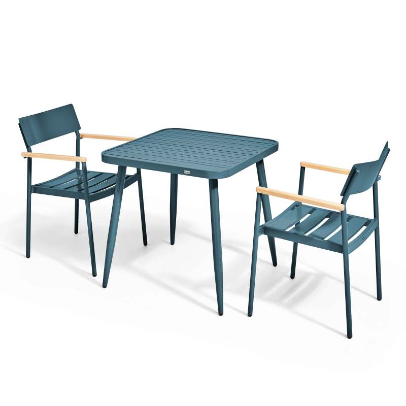 Mesa de jardín cuadrada de 75 x 75 cm y 2 sillas con reposabrazos de aluminio y madera