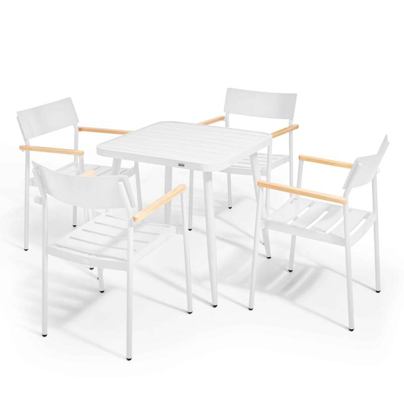 Mesa de jardín cuadrada de 75 x 75 x 76 cm y 4 sillas con reposabrazos de aluminio y madera