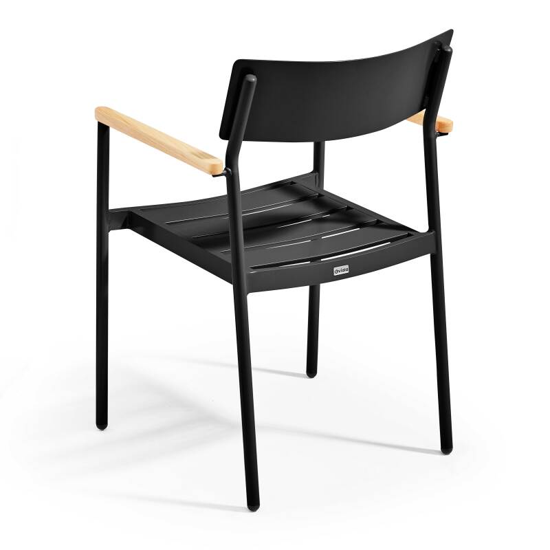 Mesa de jardín cuadrada de 75 x 75 x 76 cm y 4 sillas con reposabrazos de aluminio y madera