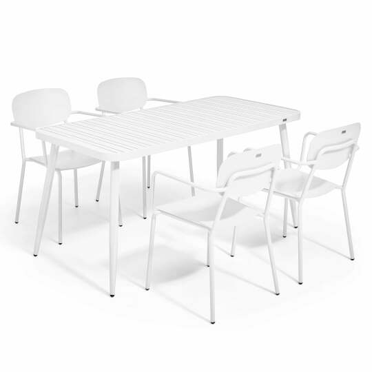 Mesa de jardín de aluminio 150x75 cm y 4 sillas con reposabrazos | Oviala