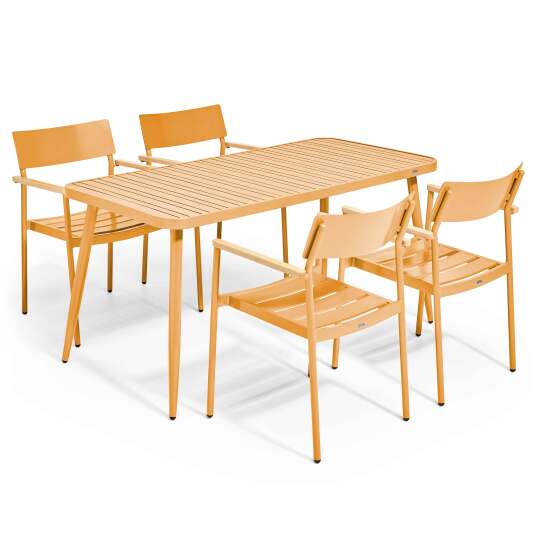 Mesa de jardín rectangular de 150 x 75 cm con 4 sillas con apoyabrazos de aluminio y madera