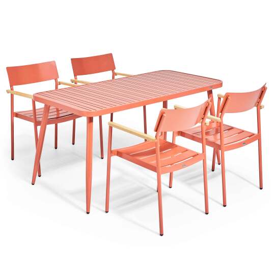 Mesa de jardín de aluminio 150x75 cm y 4 sillas con reposabrazos de madera | Oviala