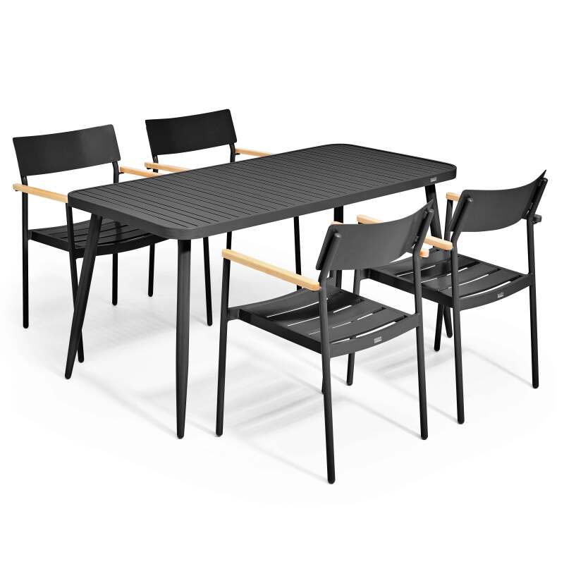 Mesa de jardín rectangular de 150 x 75 cm con 4 sillas con apoyabrazos de aluminio y madera