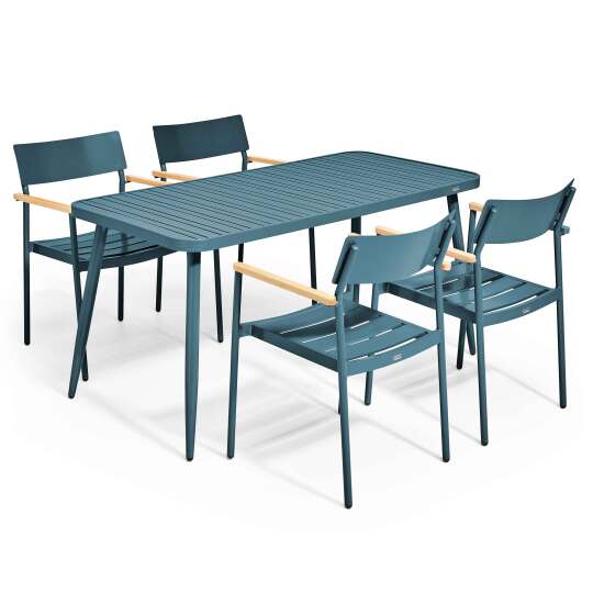 Mesa de jardín de aluminio 150x75 cm y 4 sillas con reposabrazos de madera | Oviala