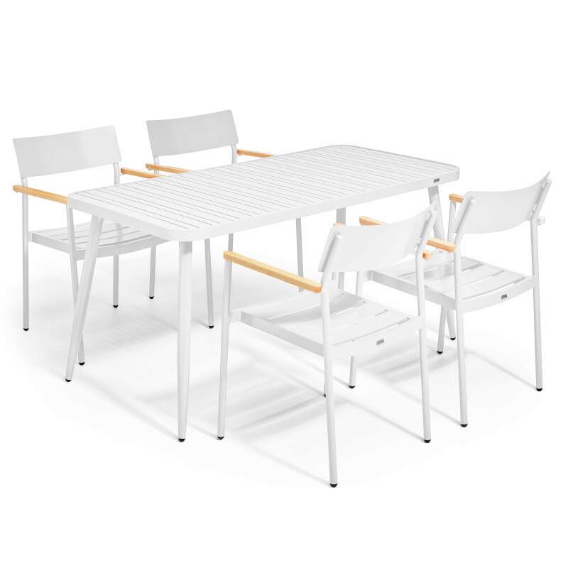 Mesa de jardín rectangular de 150 x 75 cm con 4 sillas con apoyabrazos de aluminio y madera