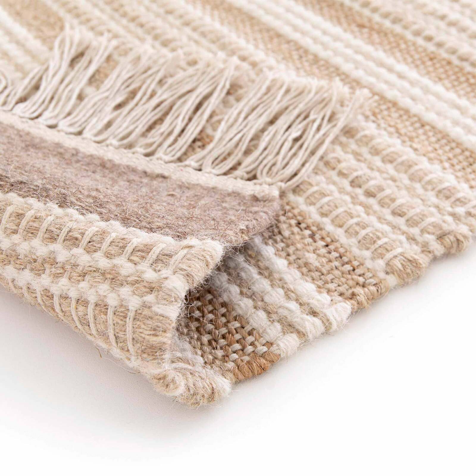 Alfombra rectangular a rayas de lana y yute tejido plano con pelo corto