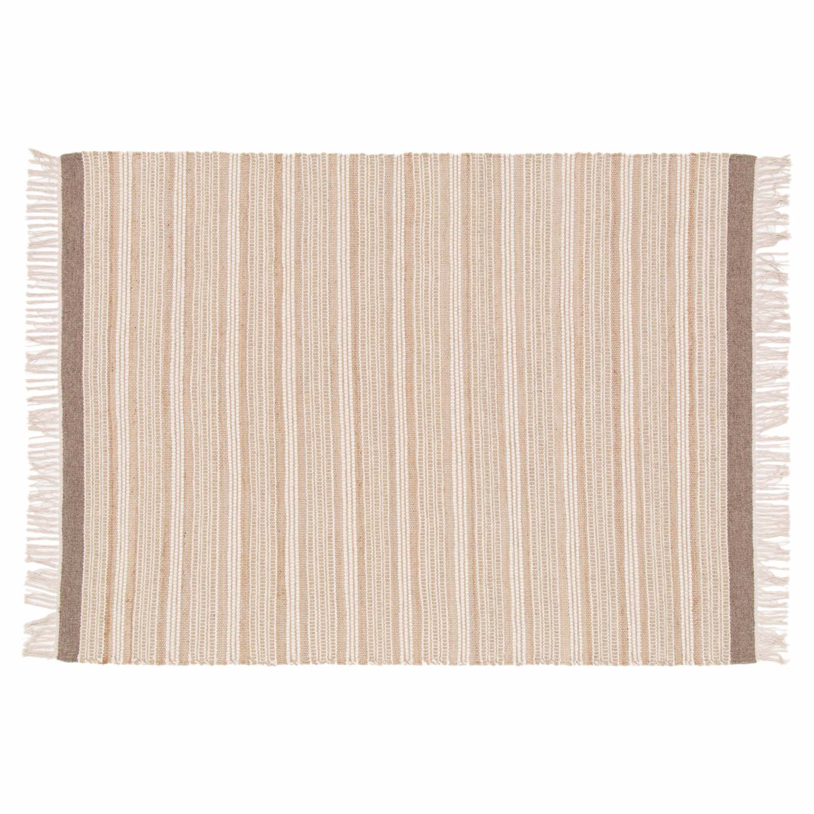 Alfombra rectangular a rayas de lana y yute tejido plano con pelo corto