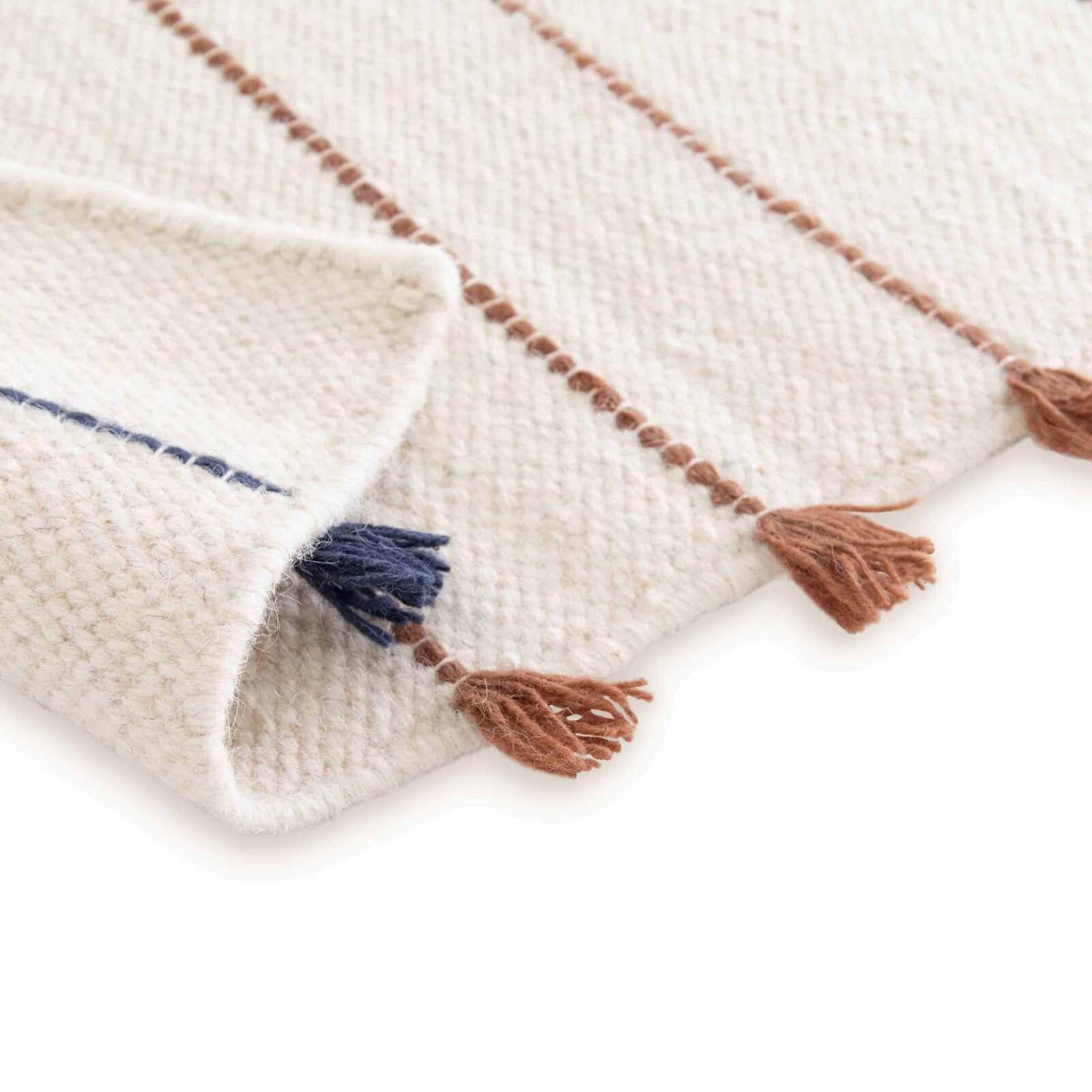 Alfombra rectangular de lana tejido a mano con borlas de pelo corto