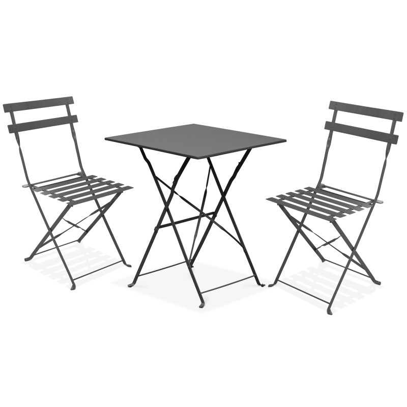 Mesa de jardín cuadrada de metal y 2 sillas plegables GRIS