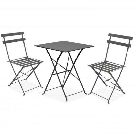 Mesa de jardín cuadrada de metal y 2 sillas plegables GRIS
